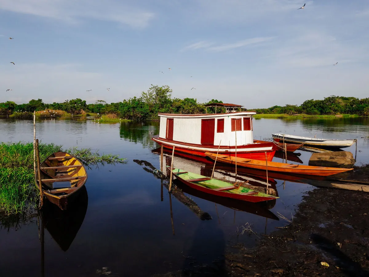 Botes de colores amarrados en la orilla del río Amazonas